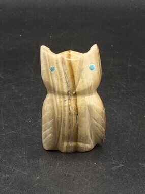 Zuni Fetish Stone Travertine Owl w/Inlay Blue Eyes 2” Signed E 27